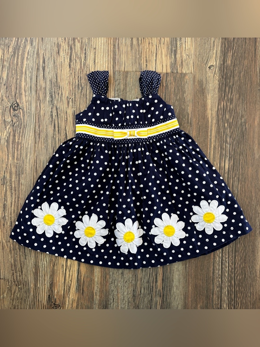 Blueberi Boulevard Polka Dot Sun Dress 24 Mos Navy White Yellow Daisies Flowers
